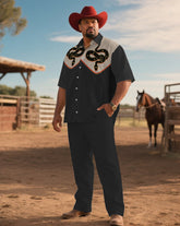 Western Denim-Men's Plus Size Dark Gray Snake Symmetrical Print Short Sleeve Shirt Trousers Suit